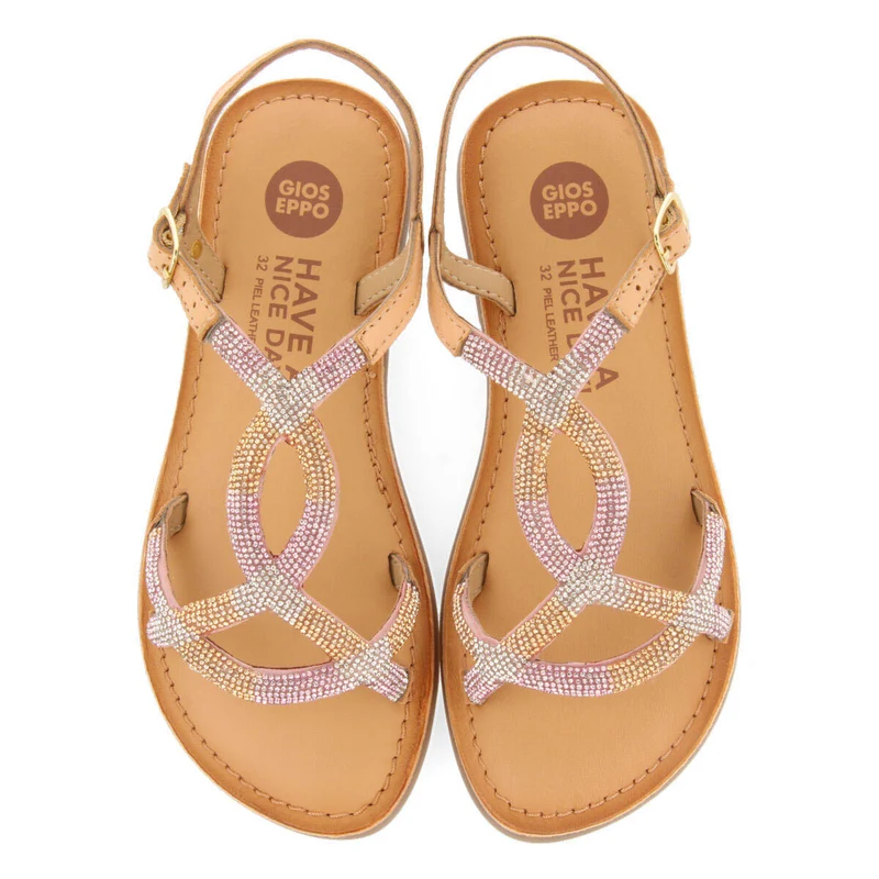 Velizy girlsink leather sandals with crystals