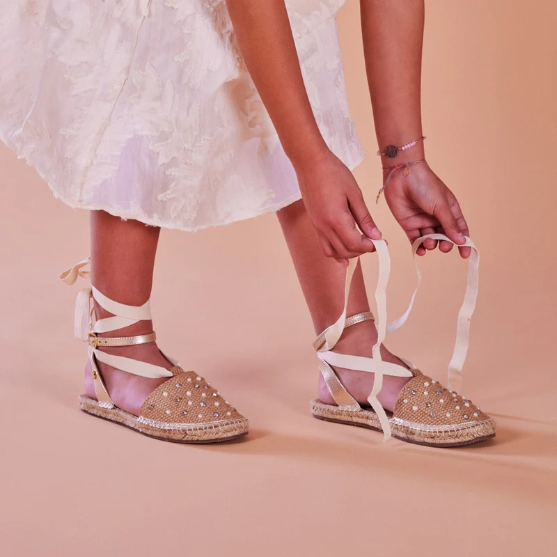 Aisey girls rose gold espadrilles with jute,earls and studs