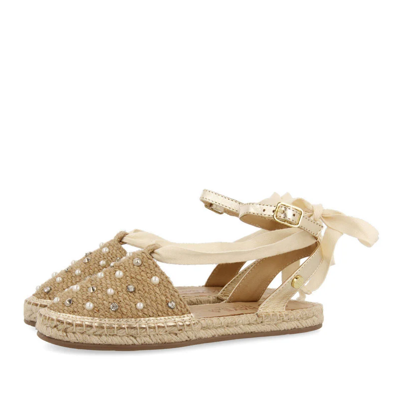 Aisey girls rose gold espadrilles with jute,earls and studs