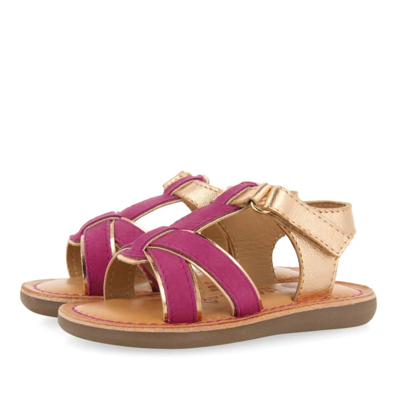Argis girls fuchsia leather sandals with decorative metalliciping
