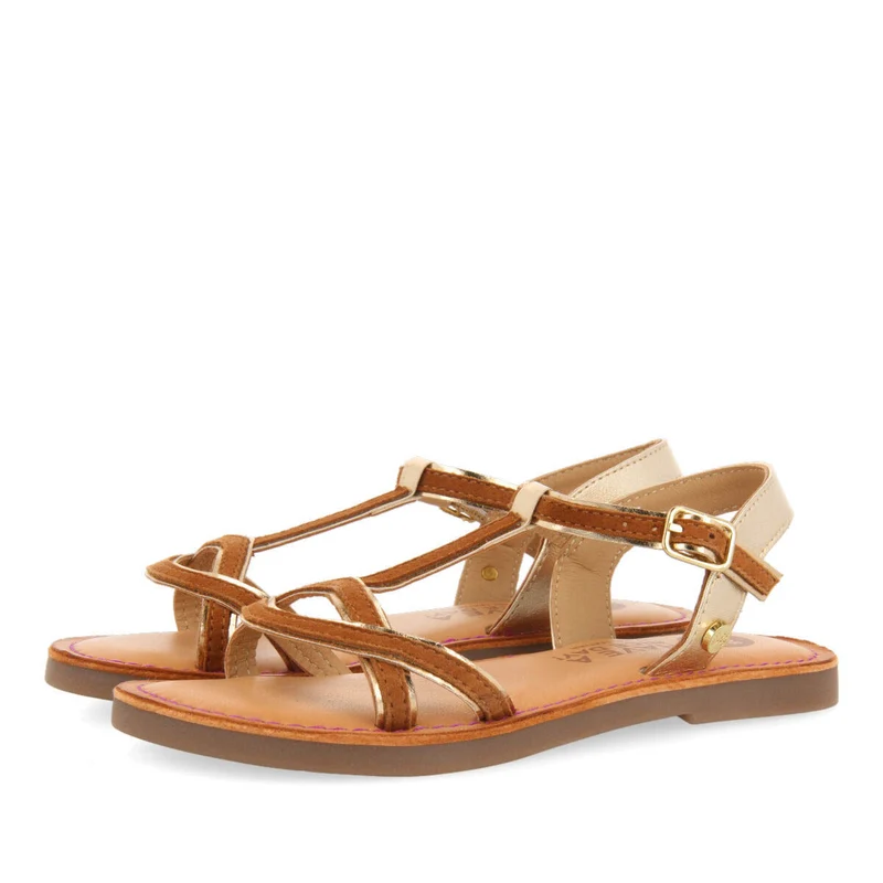 Cleurie girls tan sandals with metalliciping