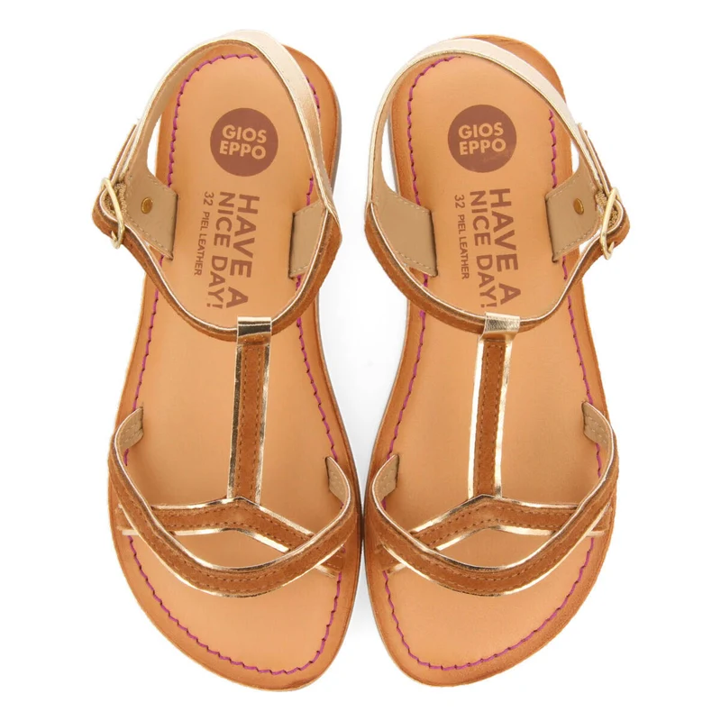 Cleurie girls tan sandals with metalliciping