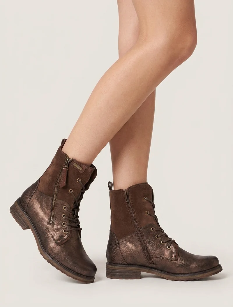 Bottines bimatière à lacets - Marron