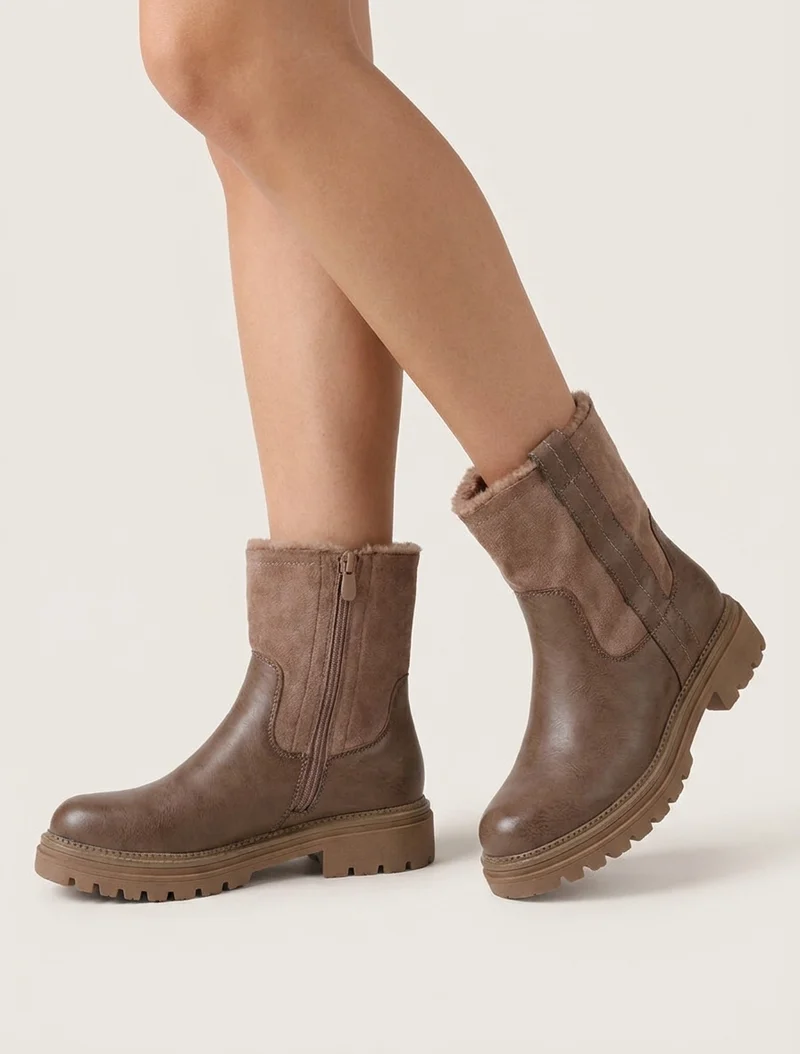 Bottines fourrées en simili et suédine - Taupe