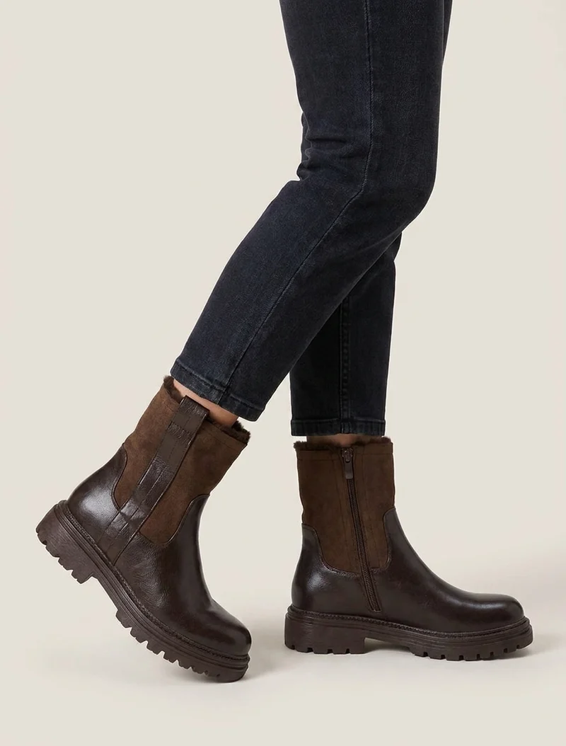 Bottines fourrées en simili et suédine - Marron