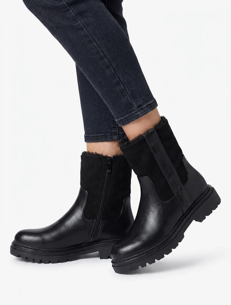 Bottines fourrées en simili et suédine - Noir
