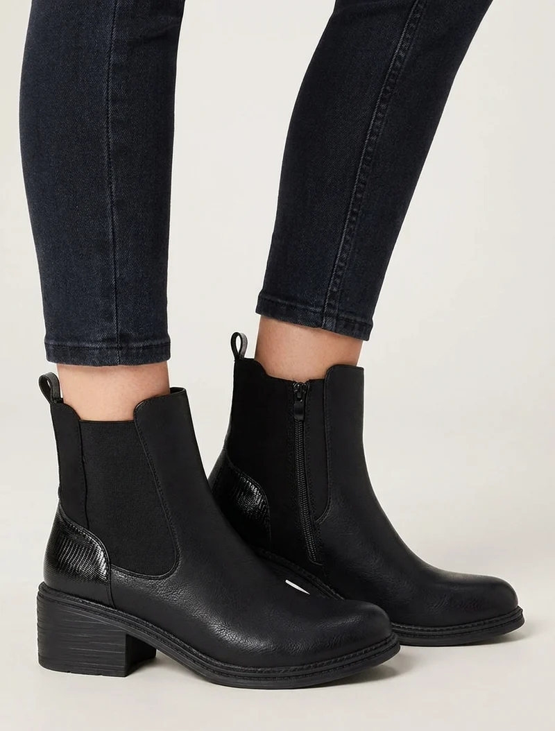 Bottines bimatière à contrefort effet python - Noir