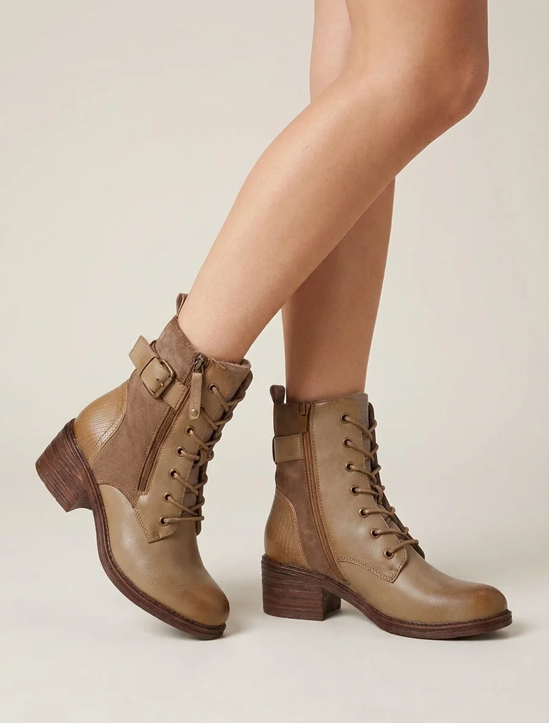 Bottines lacées à boucle et contrefort python - Taupe