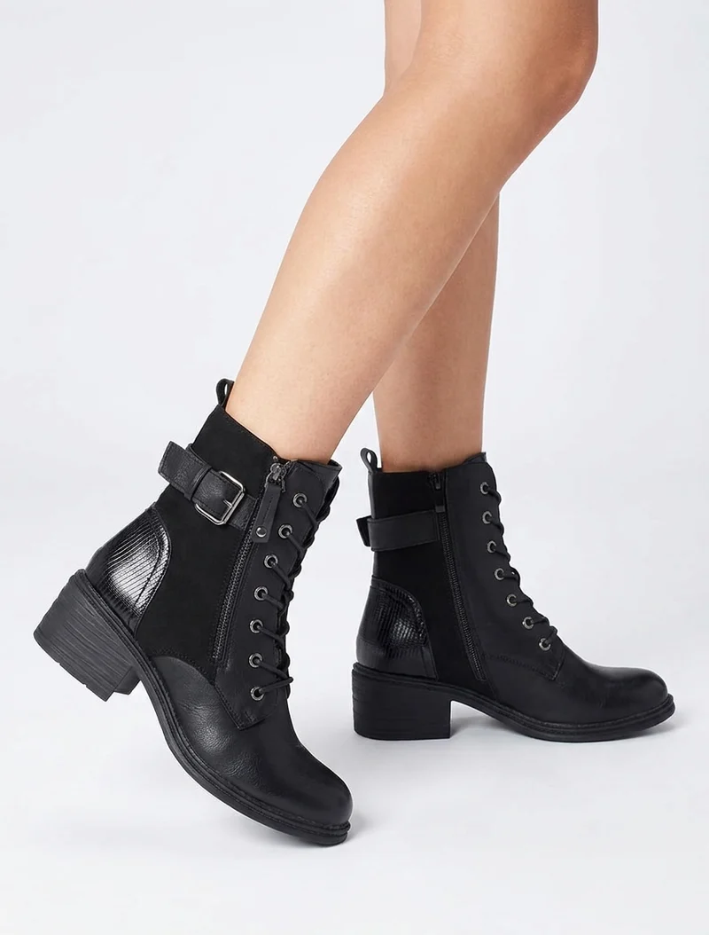Bottines lacées à boucle et contrefort python - Noir