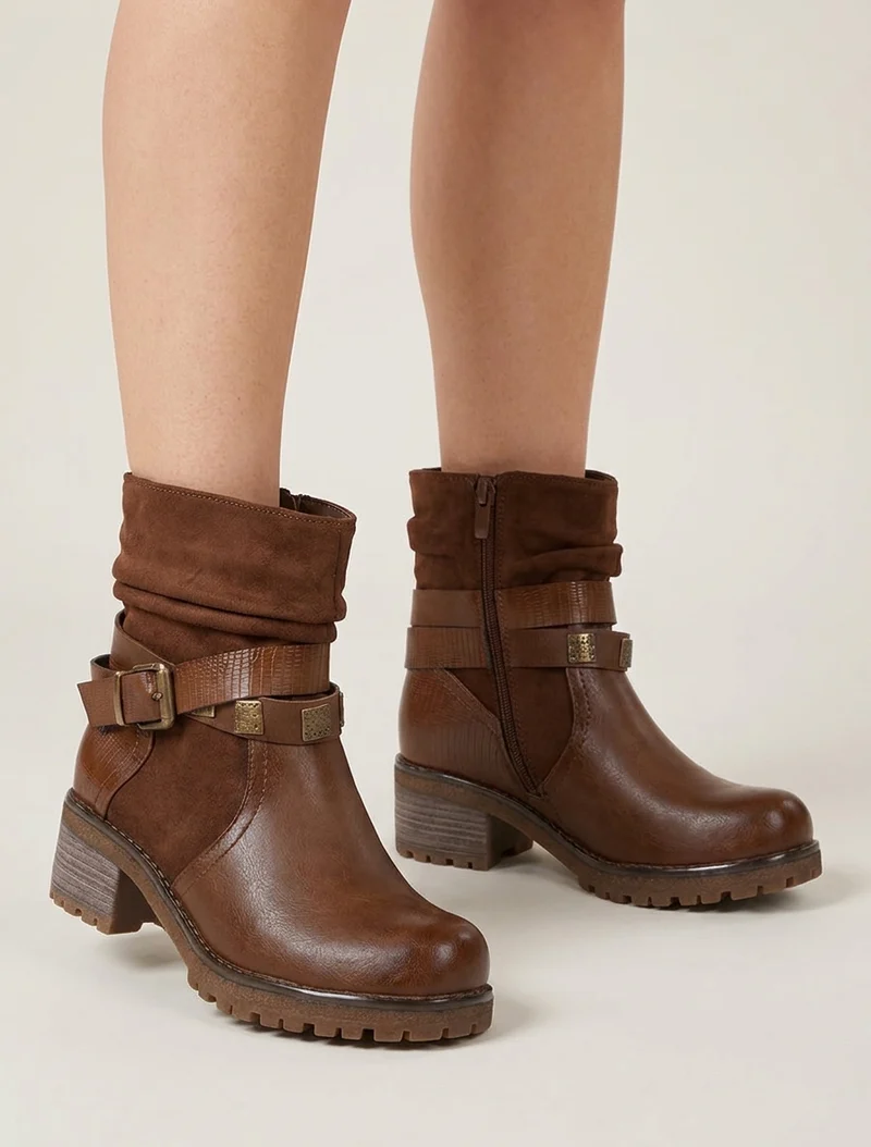 Boots plissées à boucle - Camel foncé