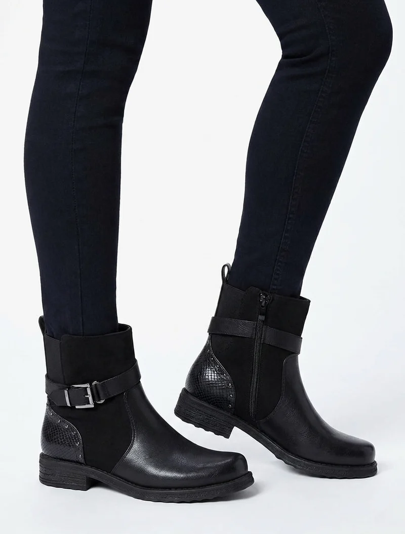 Bottines à sangle décorative et empiècement python - Noir