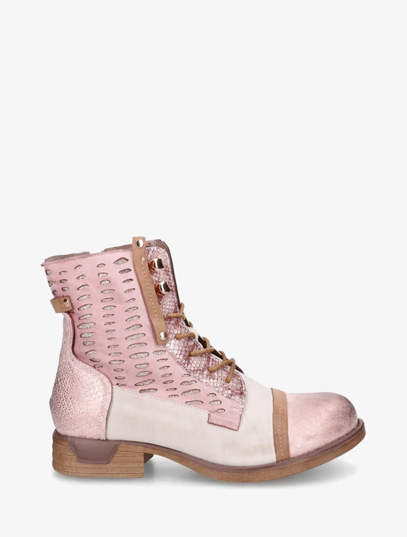 Bottines lacées irisées à perforations - Rose