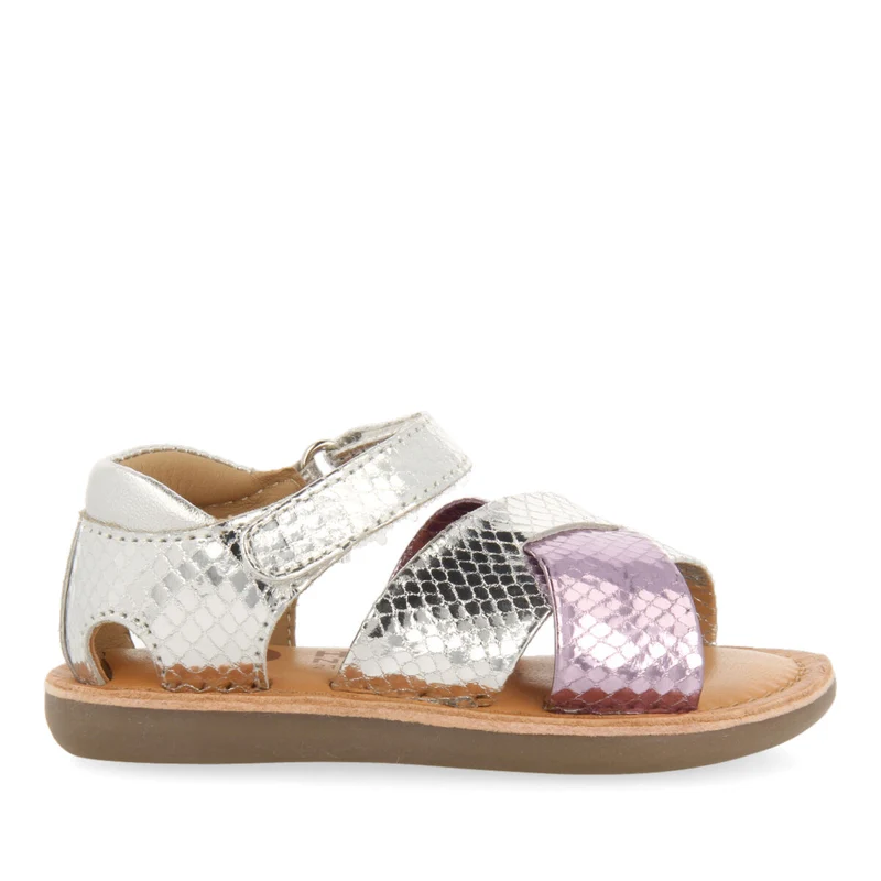 Tame girls metallic silver and animalrint two tone sandals
