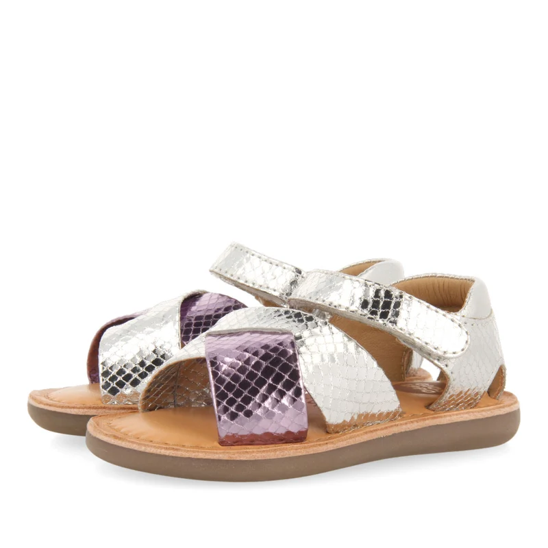 Tame girls metallic silver and animalrint two tone sandals