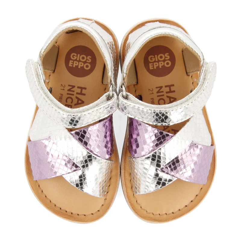 Tame girls metallic silver and animalrint two tone sandals