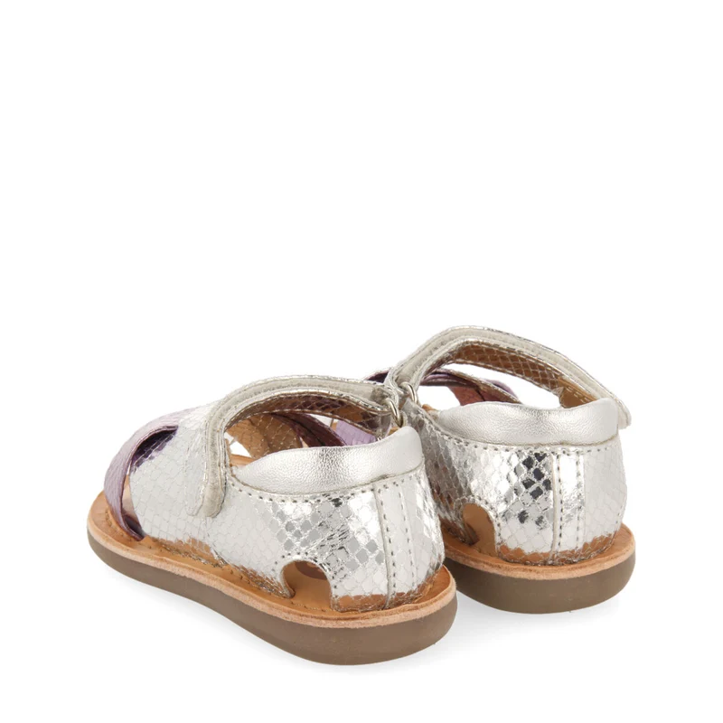Tame girls metallic silver and animalrint two tone sandals