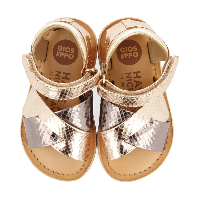 Tame girls metallic rose gold and animalrint two tone sandals