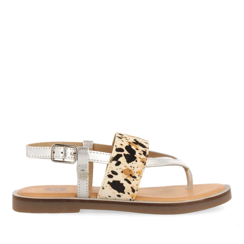 Sardoa girls silver leather and animalrint sandals