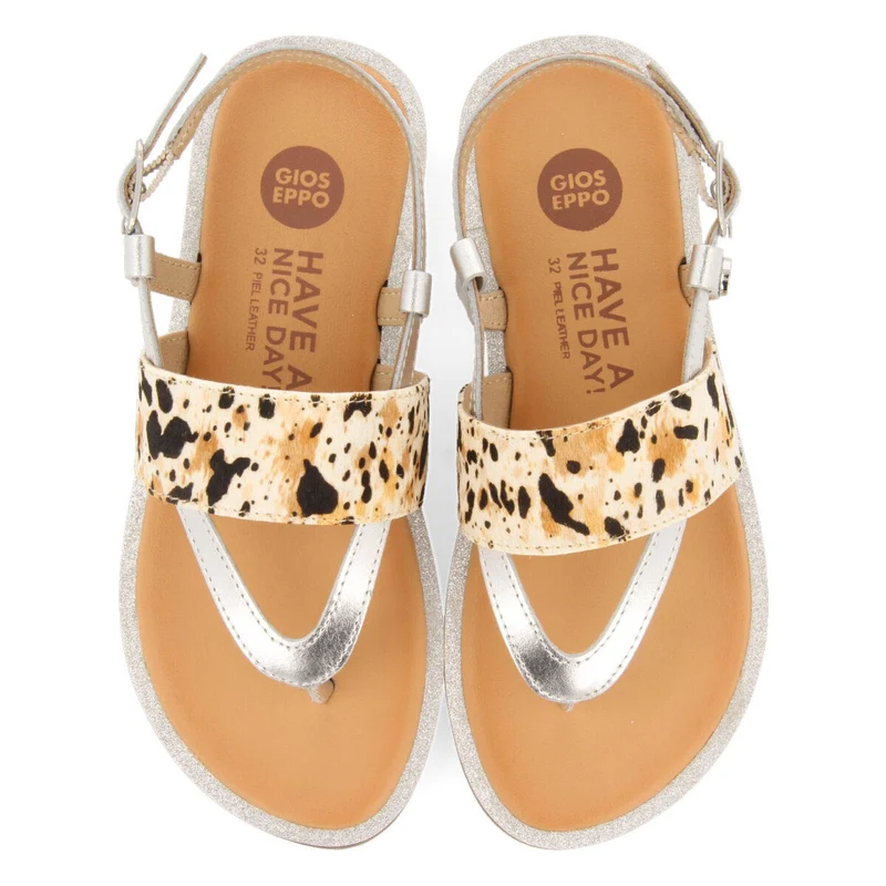 Sardoa girls silver leather and animalrint sandals