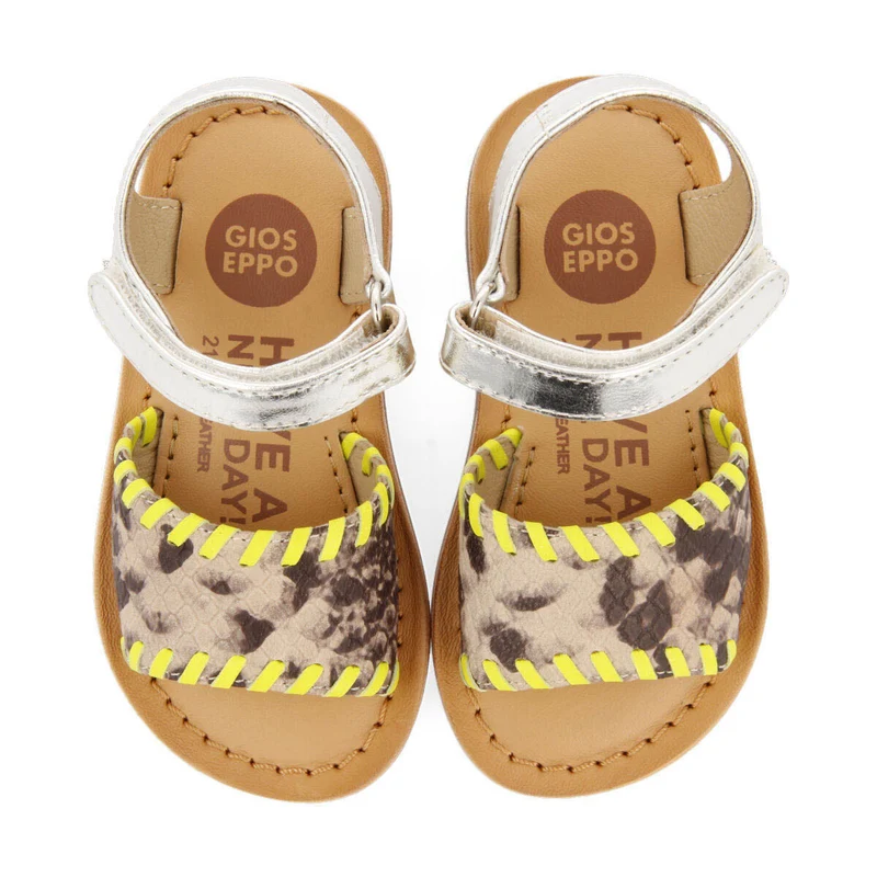 Elanora girls sandals with neon yellow details and animalrint