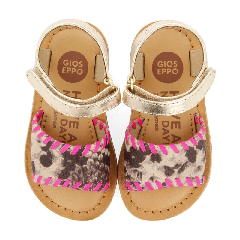 Elanora girls sandals with neon fuchsia details and animalrint