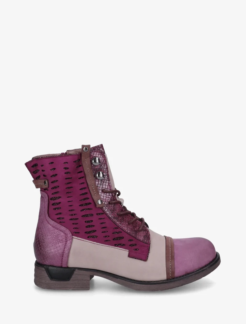 Bottines lacées irisées à perforations - Lie de vin