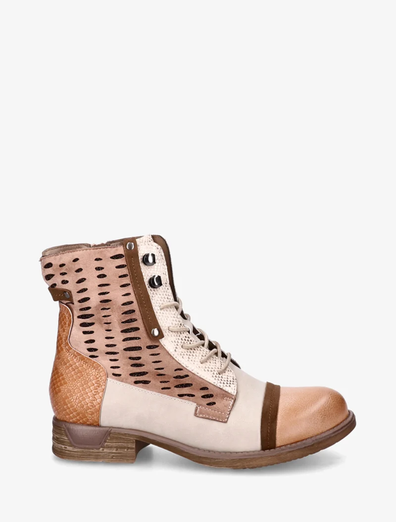 Bottines lacées à perforations irisées et python - Rose saumon