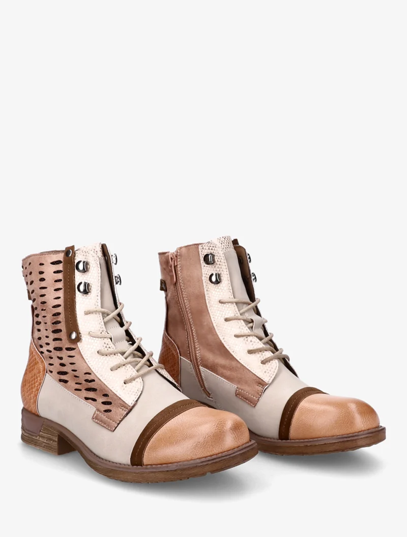Bottines lacées à perforations irisées et python - Rose saumon