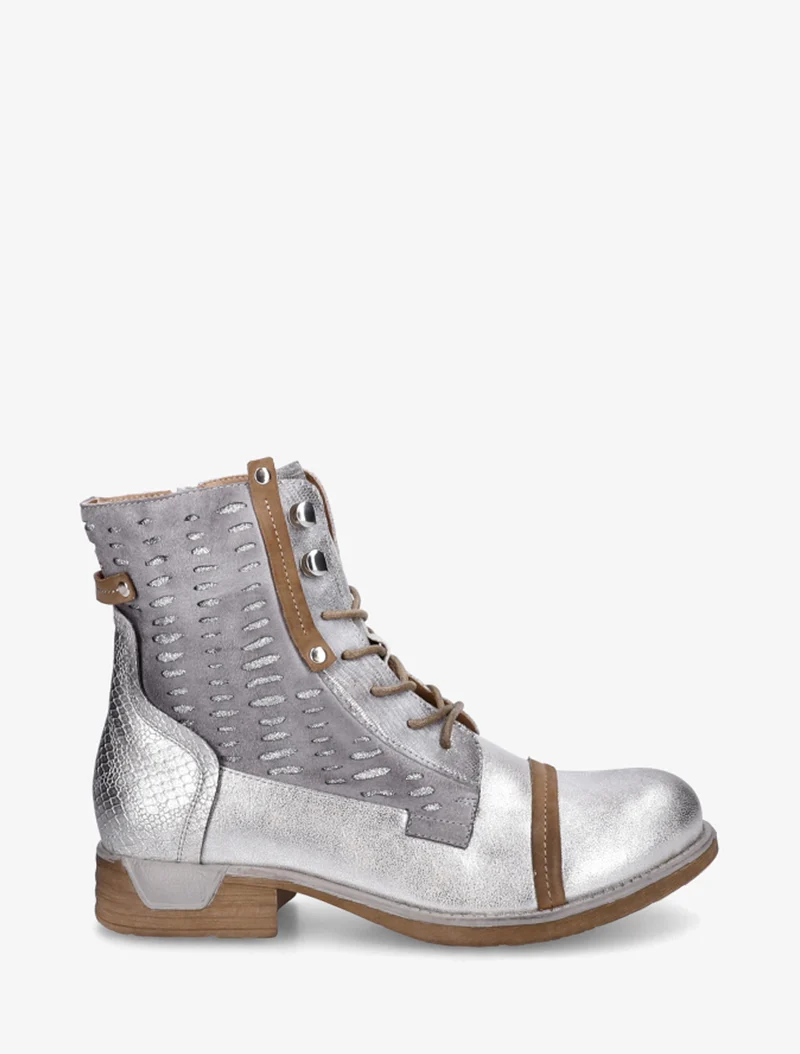 Bottines lacées à perforations irisées et python - Argent