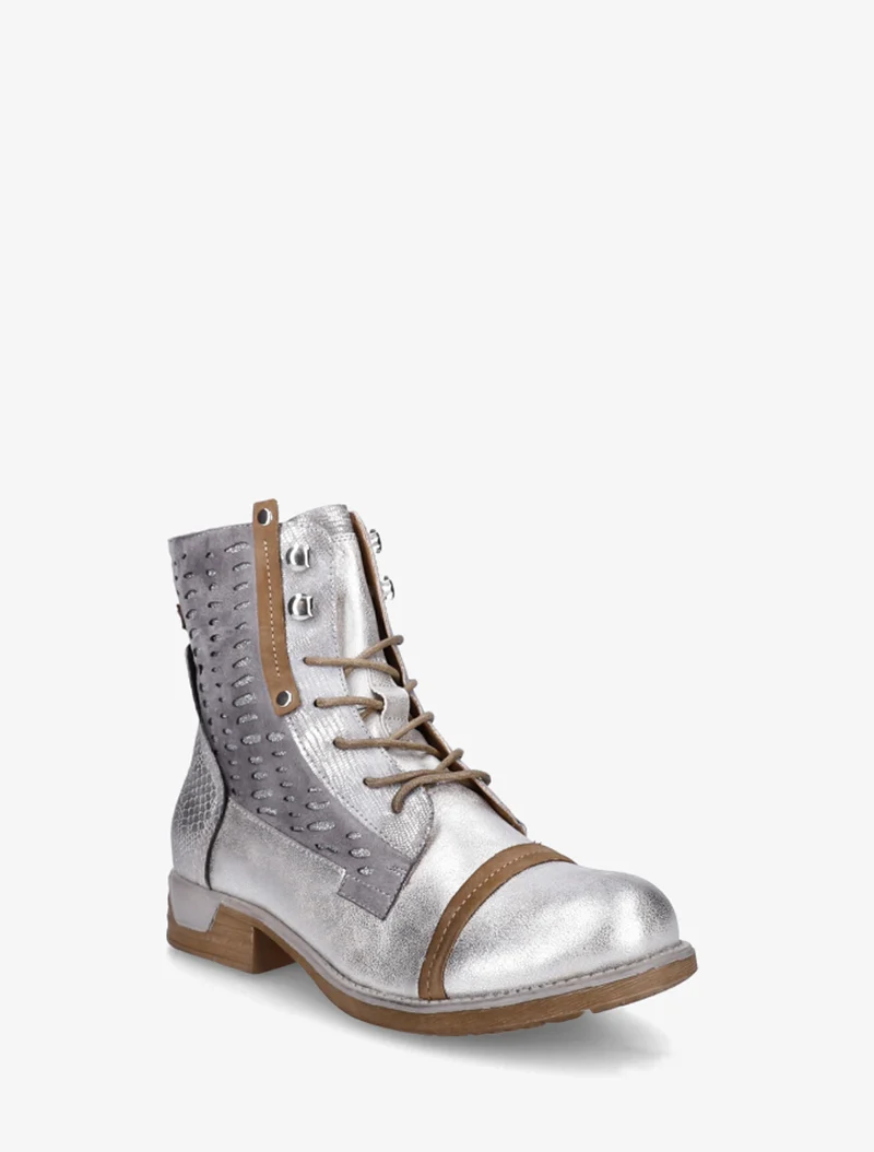 Bottines lacées à perforations irisées et python - Argent