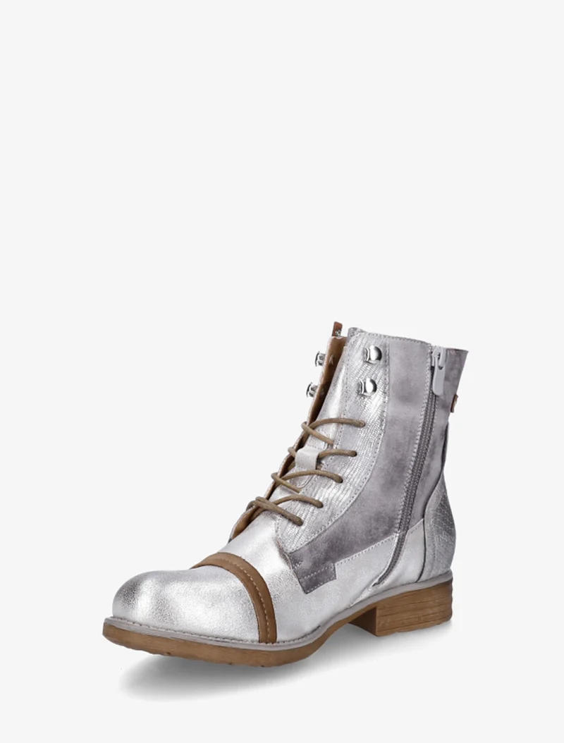Bottines lacées à perforations irisées et python - Argent