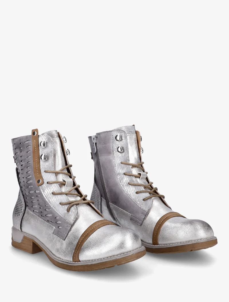 Bottines lacées à perforations irisées et python - Argent