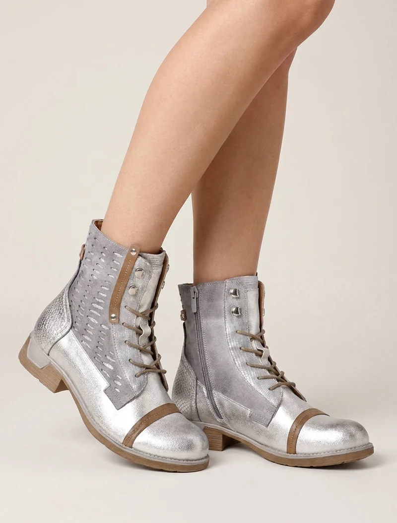 Bottines lacées à perforations irisées et python - Argent