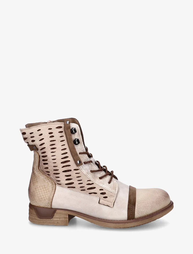 Bottines lacées à perforations irisées et python - Beige
