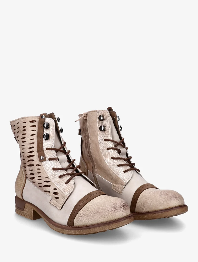 Bottines lacées à perforations irisées et python - Beige
