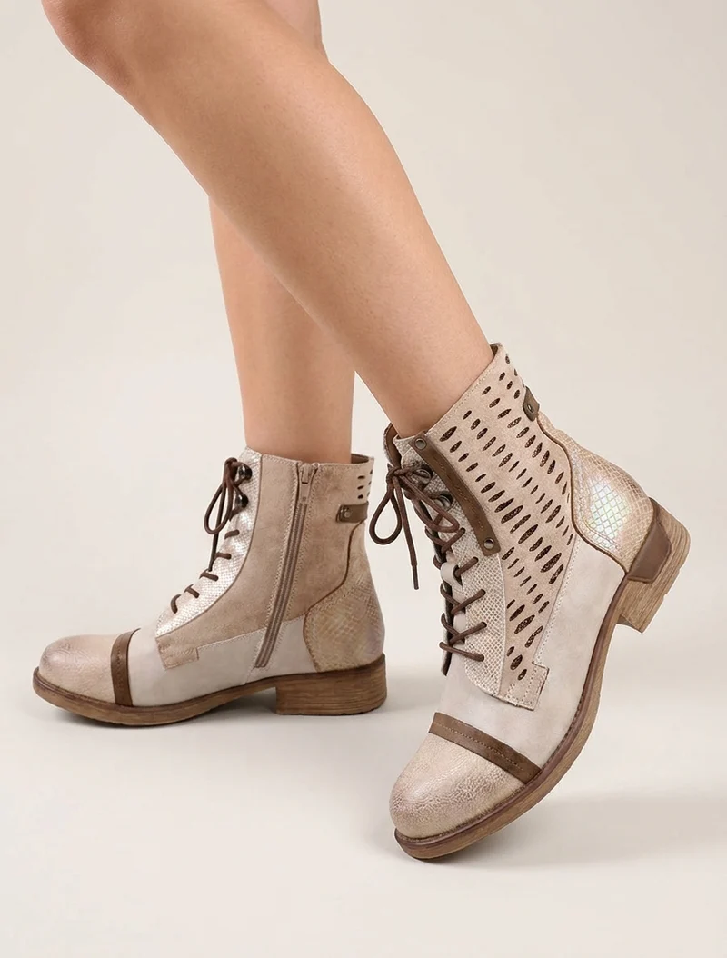 Bottines lacées à perforations irisées et python - Beige