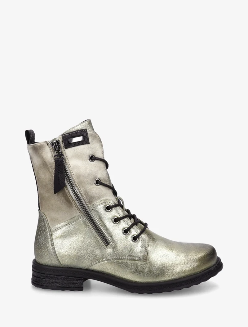 Bottines lacées à zip et empiècement python - Or