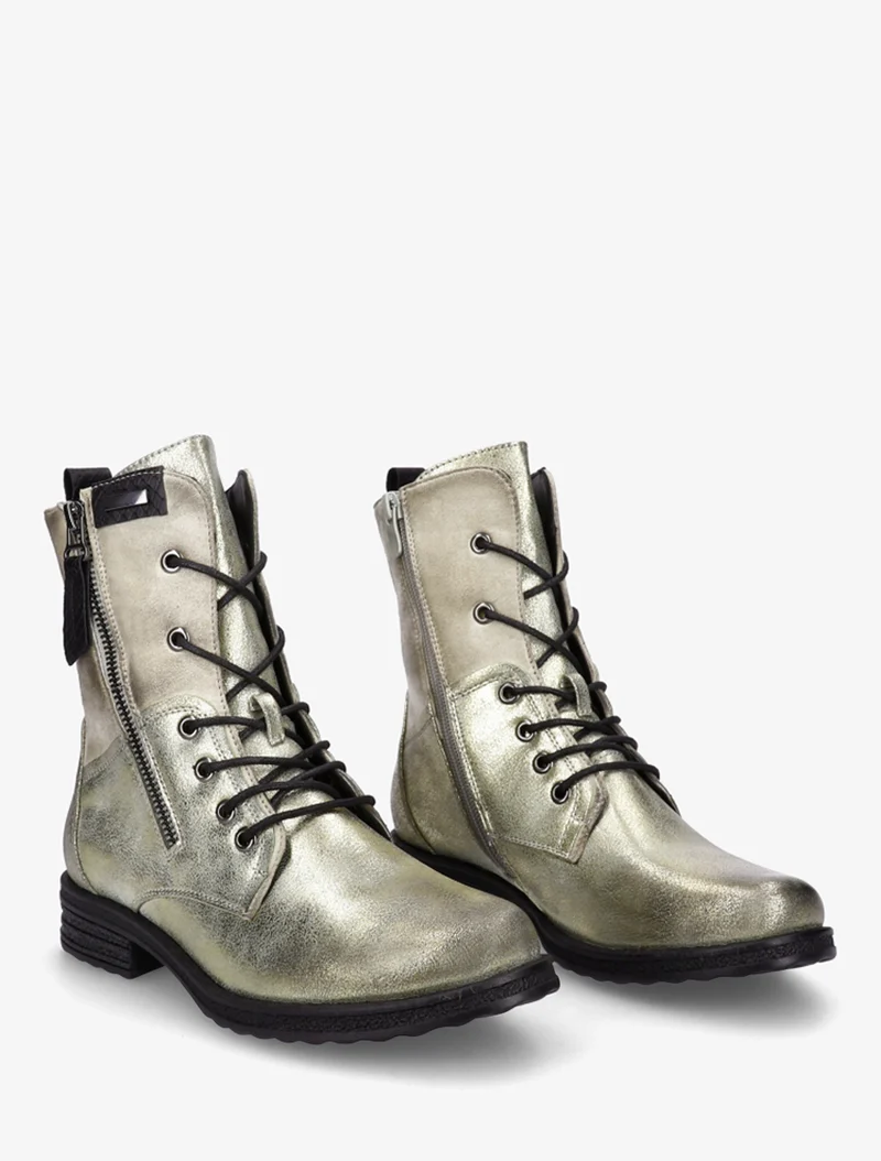 Bottines lacées à zip et empiècement python - Or