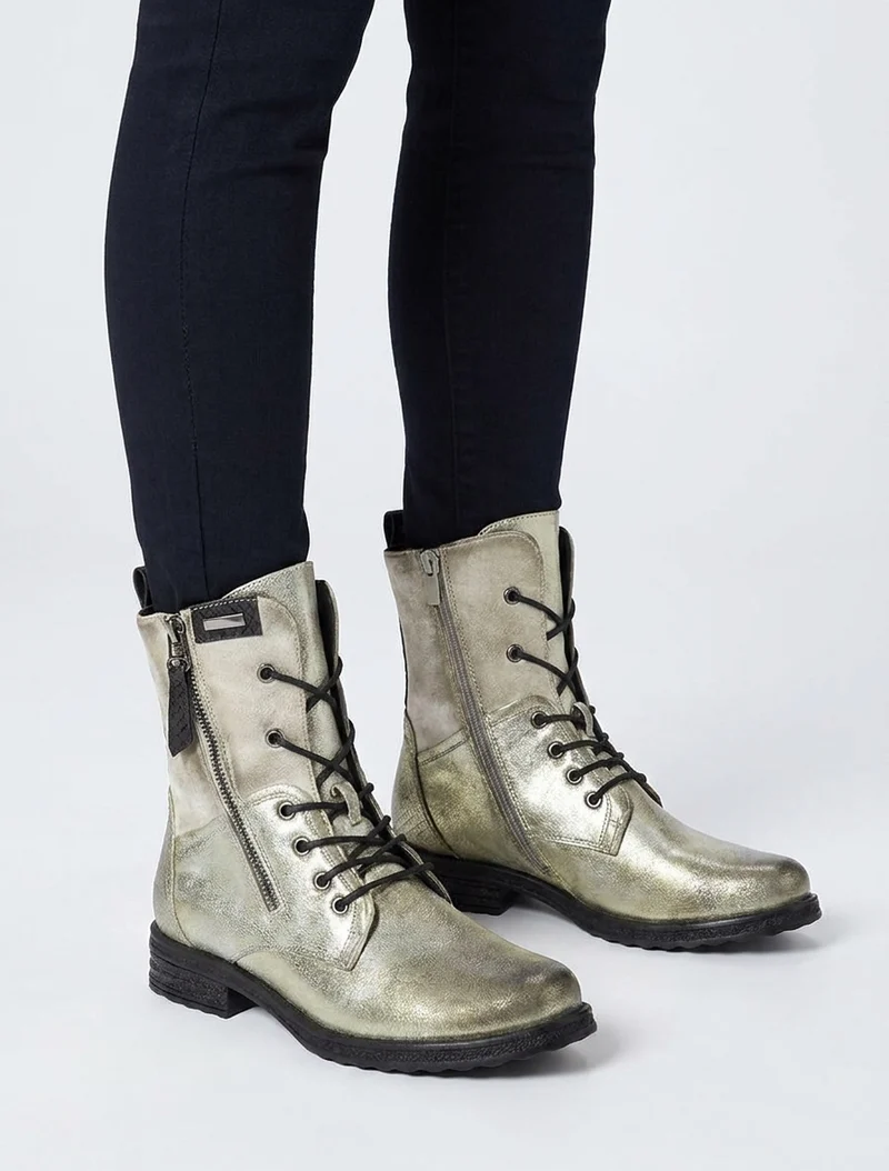 Bottines lacées à zip et empiècement python - Or