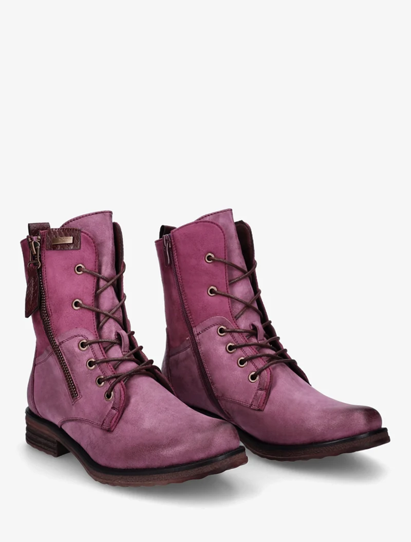Bottines lacées à zip et empiècement python - Lie de vin
