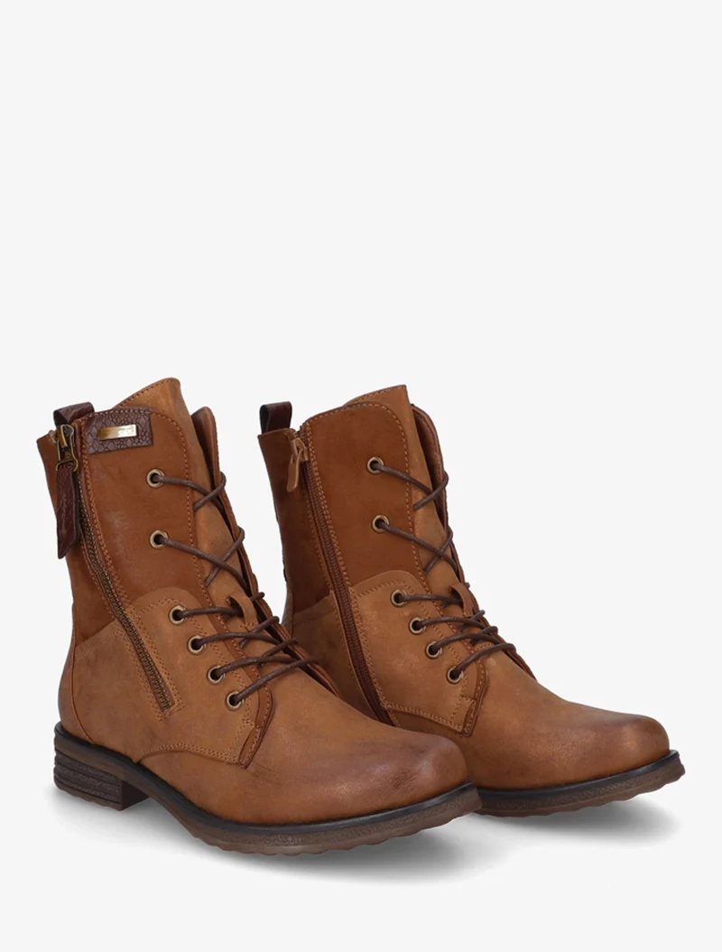 Bottines lacées à zip et empiècement python - Camel