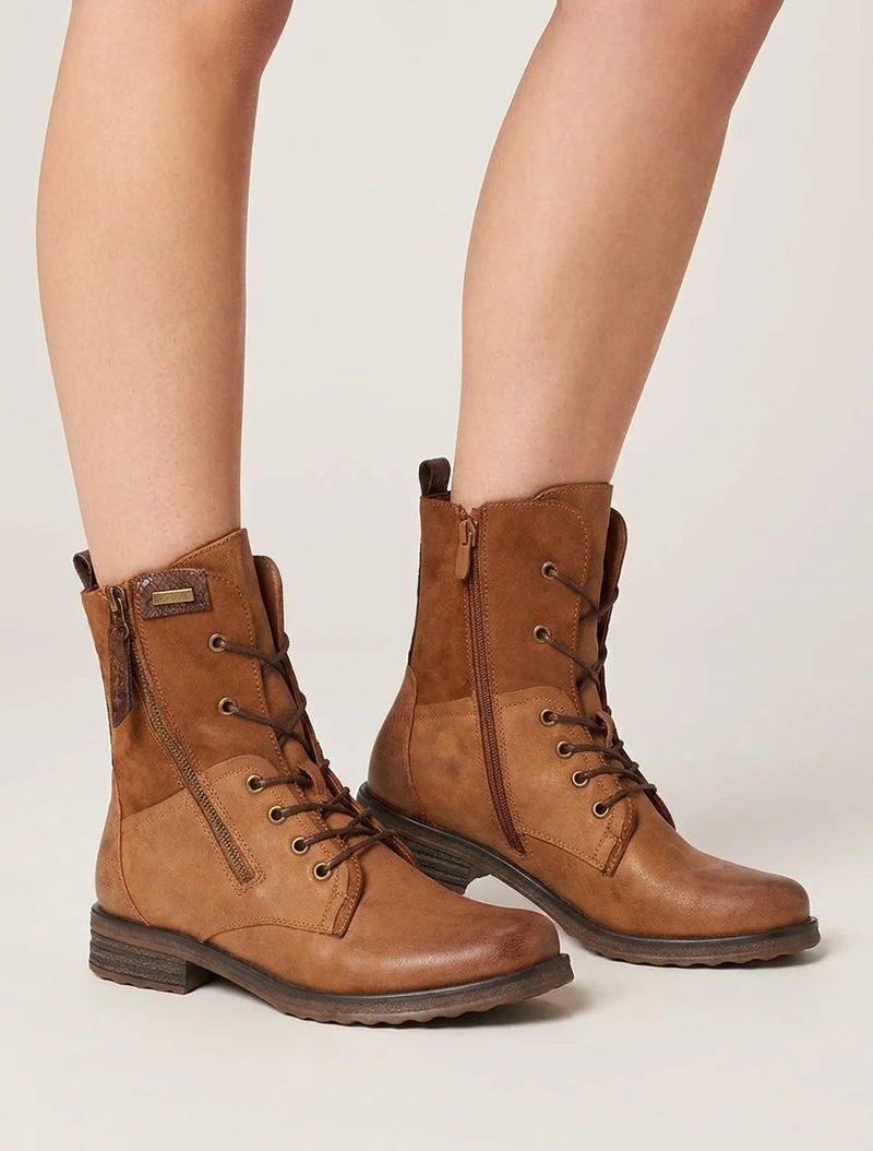 Bottines lacées à zip et empiècement python - Camel