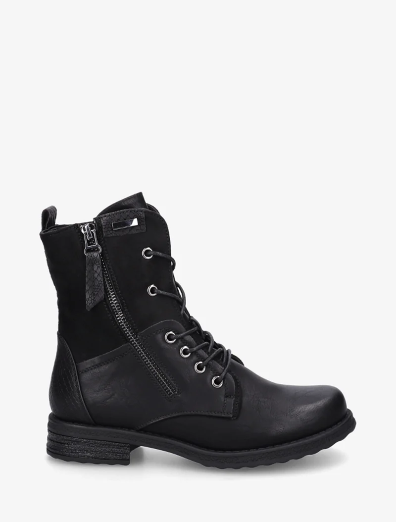 Bottines lacées à zip et empiècement python - Noir
