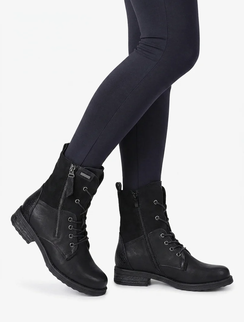 Bottines lacées à zip et empiècement python - Noir