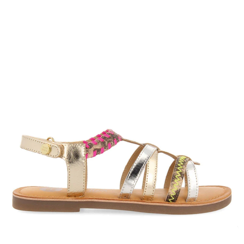 Denpasar girls leather sandals with neon accents and animalrint
