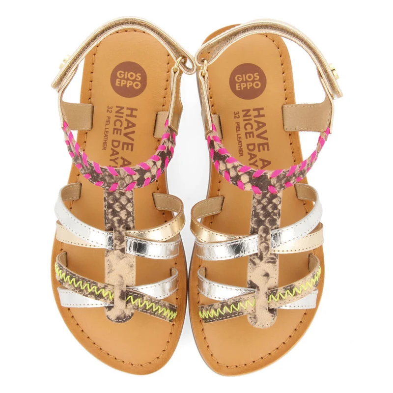 Denpasar girls leather sandals with neon accents and animalrint