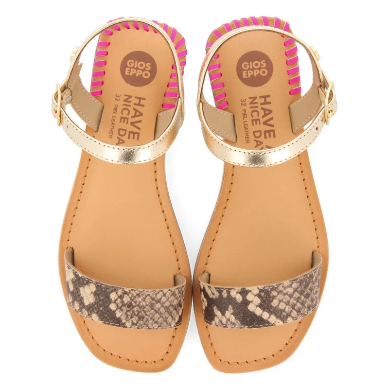 Damblain girls leather sandals with neon fuchsia details