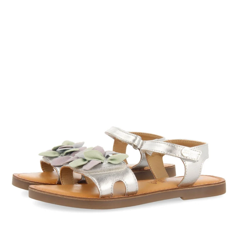 Belval girls decorative metallic silver leather sandals