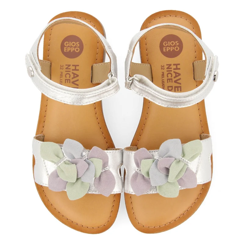Belval girls decorative metallic silver leather sandals