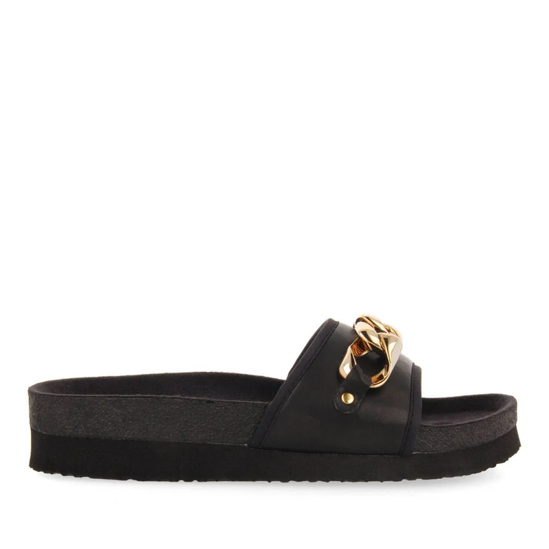 Carlinda black footbed slide sandals with decorative chain